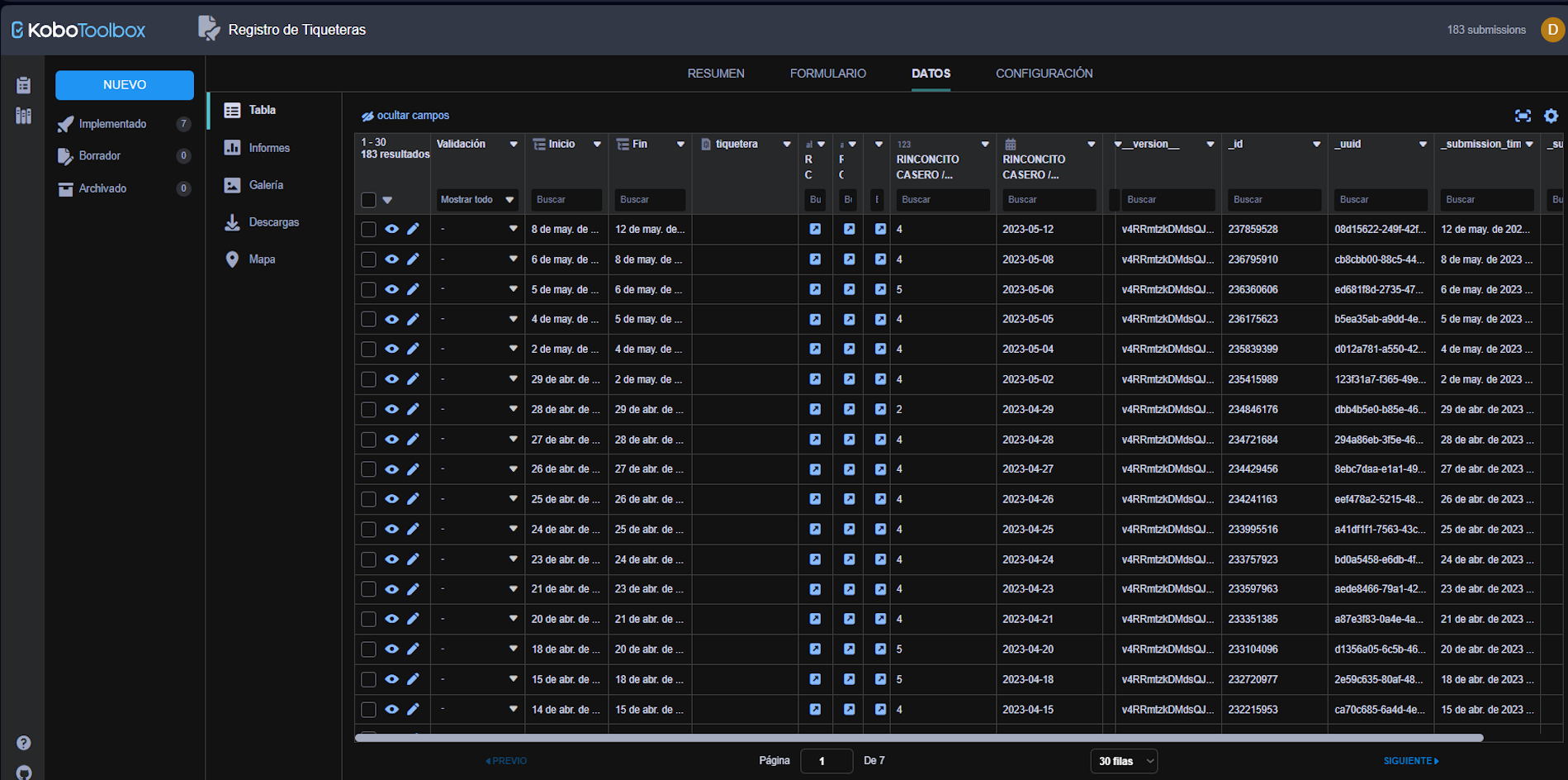 Sistema de administración de bases de datos con visualización de registros