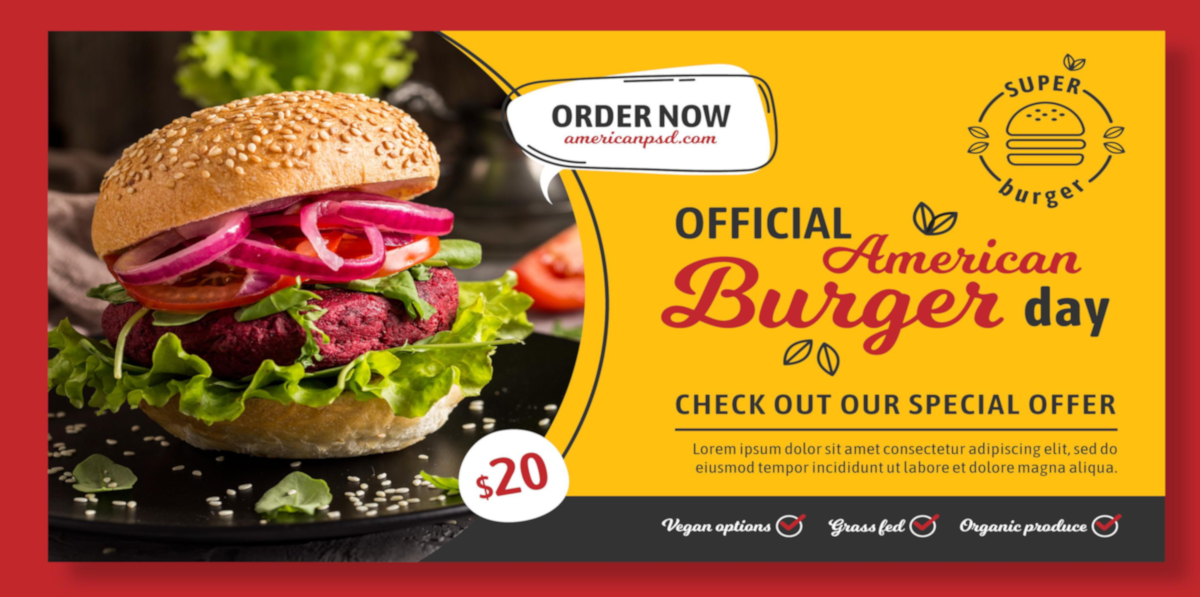 Diseño gráfico de anuncio publicitario para promoción de hamburguesas